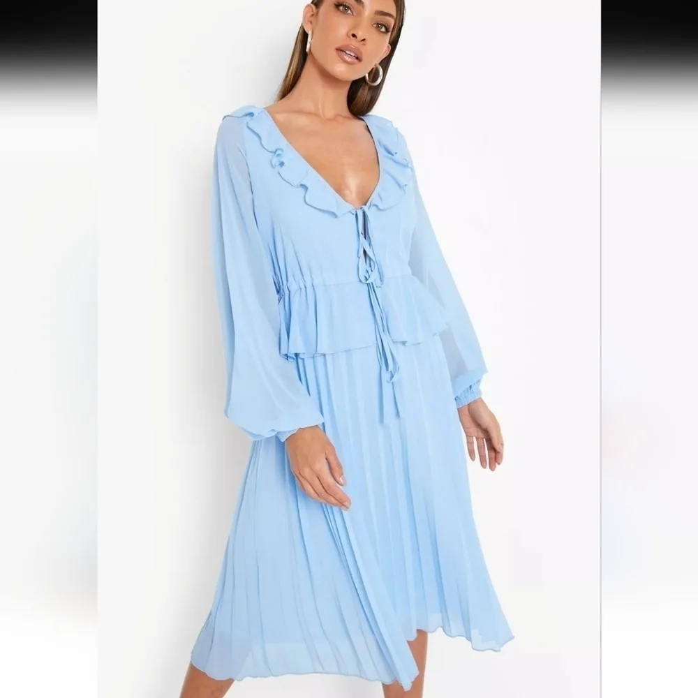 Boohoo Blue Pleated Long Sleeve Ruffle Midi Smock Dress Size Women's 6 NEW